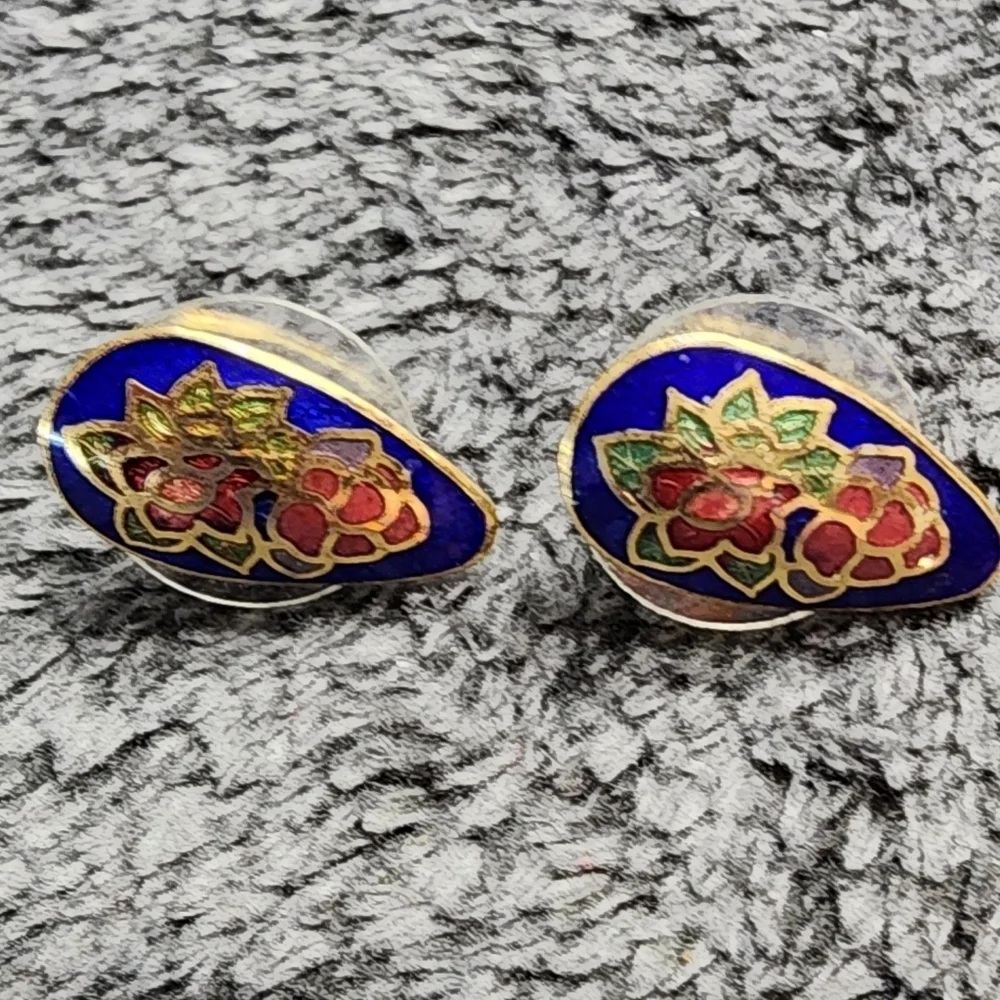 Vintage Cloisonne Floral Earrings Oval